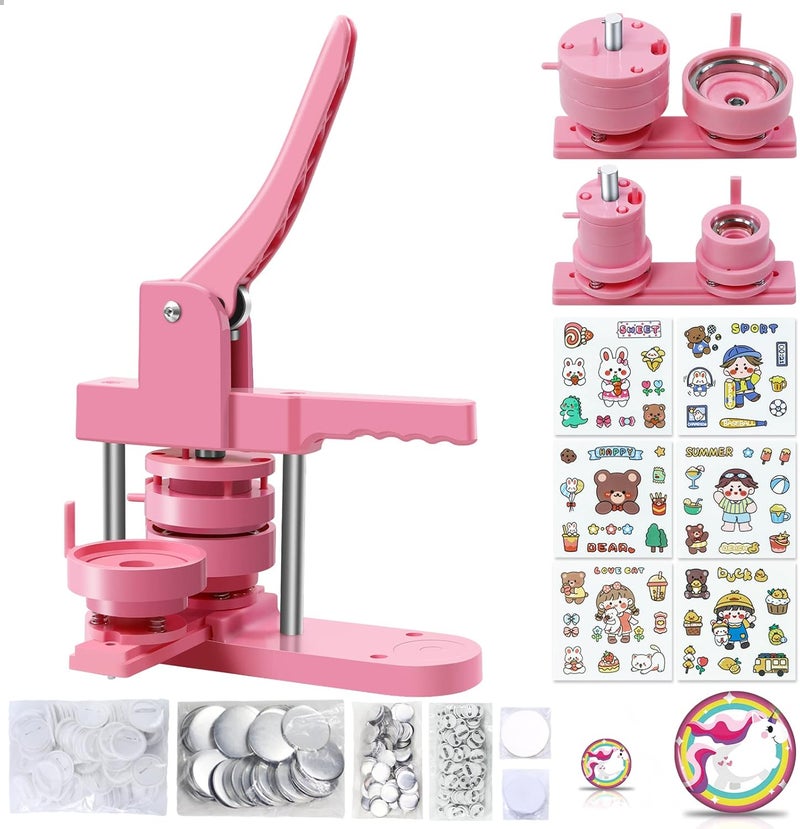 Happizza Button Maker Machine Multiple Sizes, Pin Maker Machine 1+2.25 inch, Badge Button Press Machine with Cute Stickers and 200 Sets Button Making Supplies&Circle Cutter for Girls Women(Pink) - Image 1